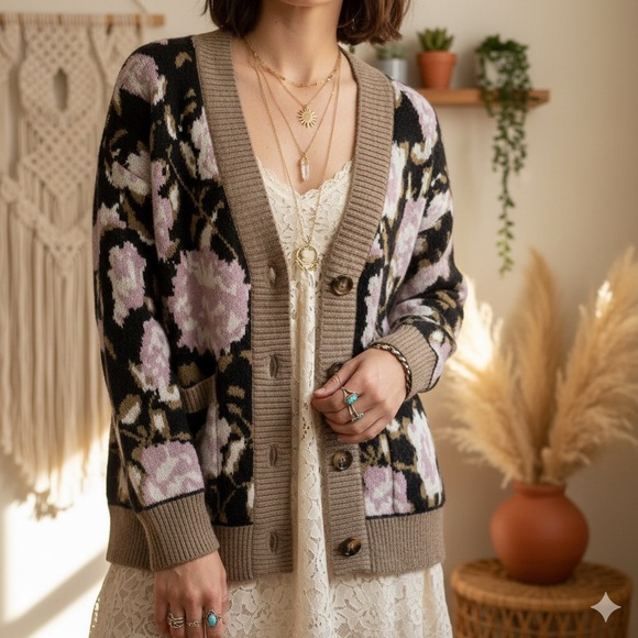 Gemma + Jane Sweaters - Gemma + Jane Oversize Floral Jacquard Cardigan Size Small Lavender Multi